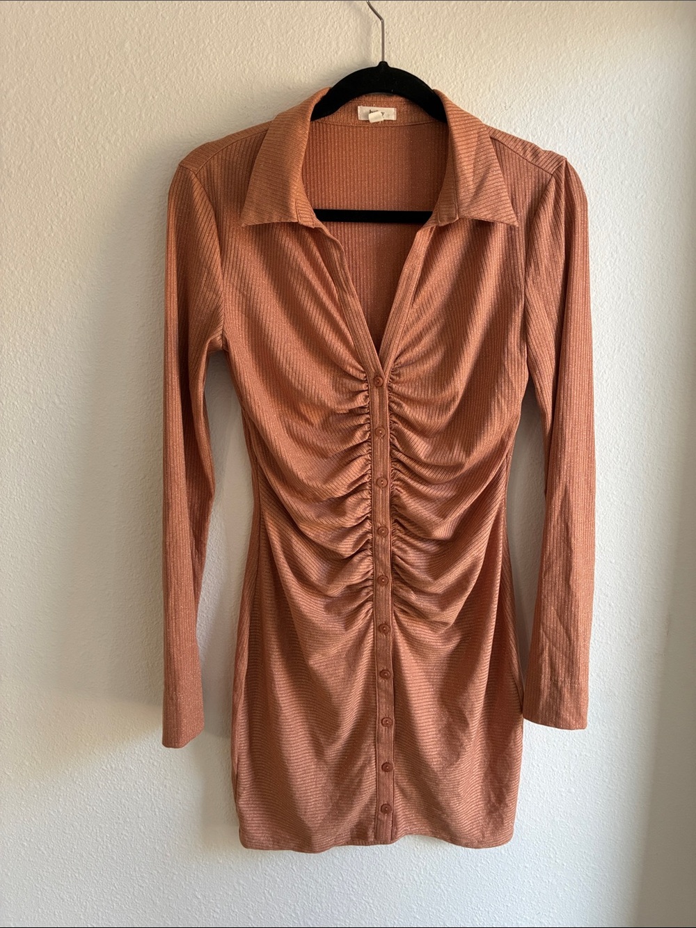 Ruched Button-Front Long Sleeve Dress in Rusty Orange